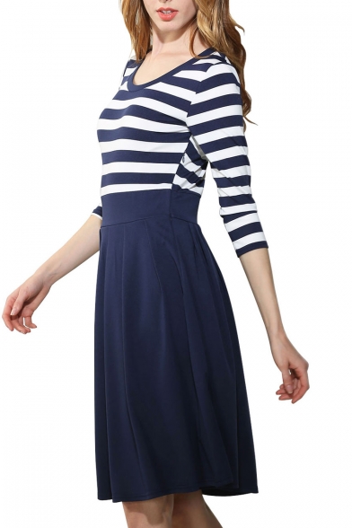 Chic Color Block Striped Scoop Neck Slim Pleated Swing Short Dress