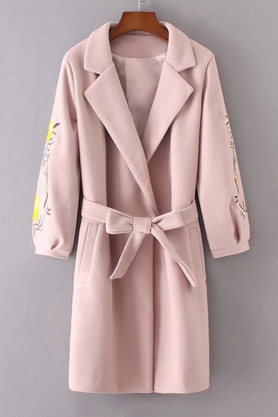 Chic Embroidered Long Sleeve Notched Lapel Collar Tied Waist Long Woolen Coat