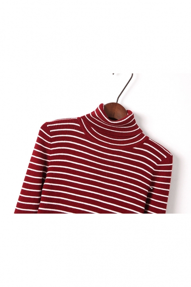 Classic Simple Striped Pattern Turtleneck Long Sleeve Slim Sweater