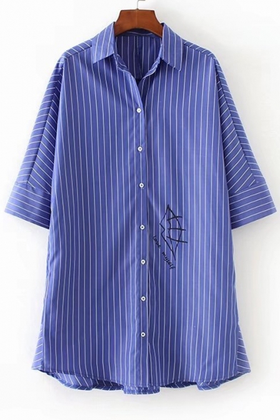 Classic Striped Pattern Lapel Collar Casual Loose Tunic Buttons Down Shirt