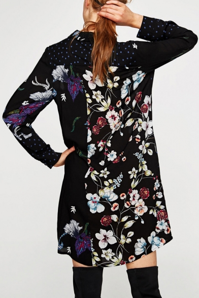 Fashion Floral Pattern Notched Lapel Collar Long Sleeve Double Breasted Blazer Dress
