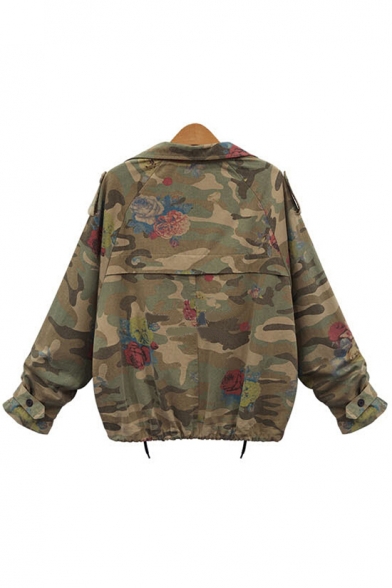 New Fashion Rose Camouflage Pattern Notch Lapel Batwing Long Sleeve Jacket