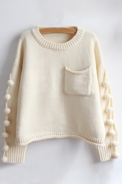 New Fashion Round Neck Embellished Side Long Sleeve Pullover Sweater