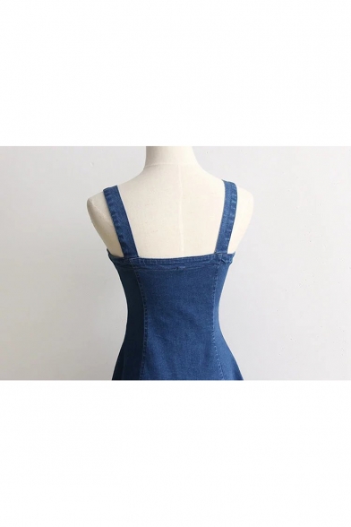 New Stylish Gathered Waist Single Breasted Denim Mini Cami Dress