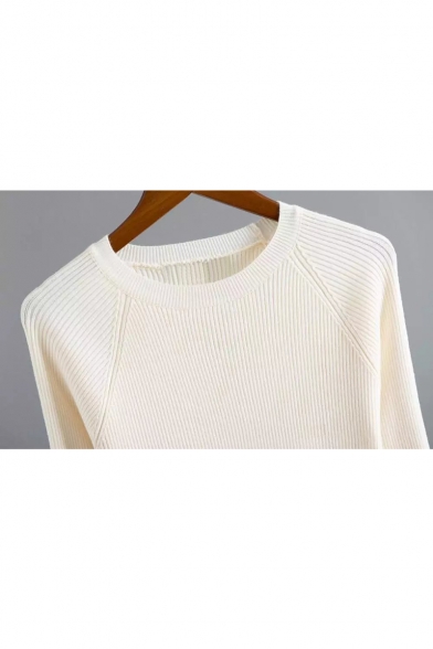 Simple Plain Round Neck Raglan Sleeve Flared Cuff Contrast Trim Pullover Sweater