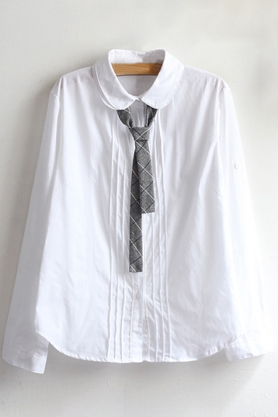 Simple Plain Striped Peter Pan Collar Long Sleeve Buttons Down Shirt with Tie
