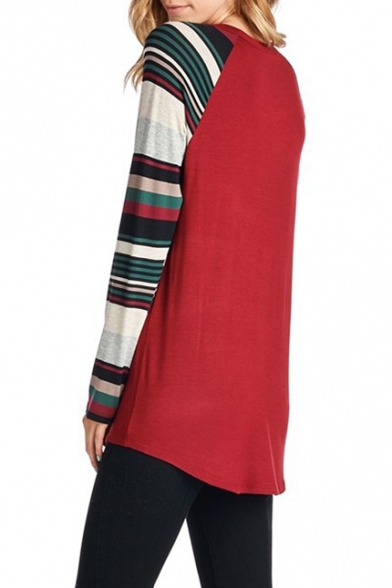 Christmas Series Color Block Letter Pattern Curved Hem Long Sleeve Pullover T-Shirt