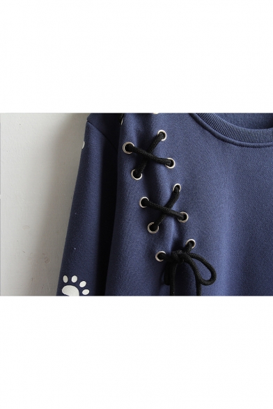 Cartoon Cat Embroidered Round Neck Long Sleeve Pullover Sweatshirt