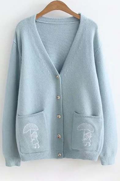 Cartoon Girl Embroidered V Neck Long Sleeve Buttons Down Cardigan with Pockets