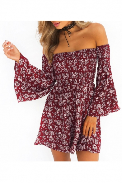 Chic Floral Pattern Off-the-Shoulder Flare Long Sleeve A-line Beach Mini Dress