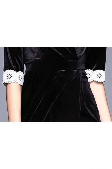 Chic V-Neck Crochet Hem Half Sleeve Split Front Midi Velvet Wrap Belted Dress