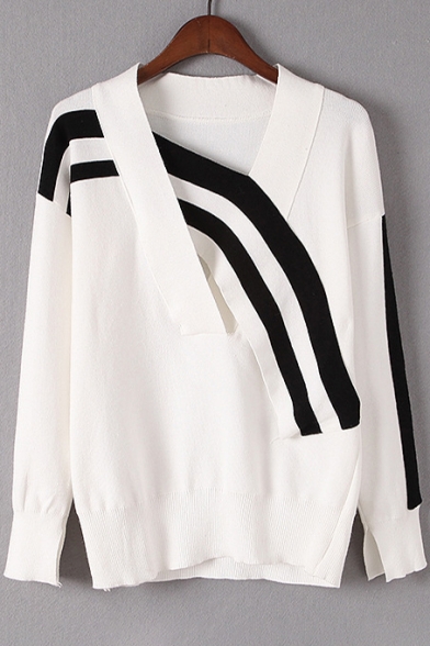 Color Block Striped Pattern Long Sleeve V Neck Pullover Sweater