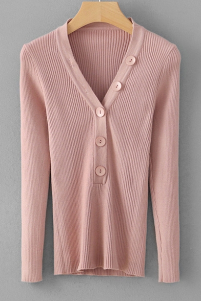 Fashion Buttons Down V Neck Long Sleeve Simple Plain Pullover Sweater