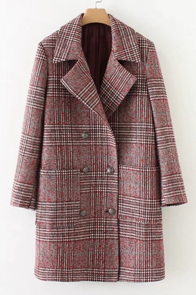 Fashion Winter's Plaids Print Notched Lapel Collar Double Breasted Coat