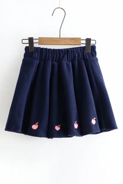 New Stylish Embroidery Peach Pattern Elastic Waist Mini Pleated Skirt