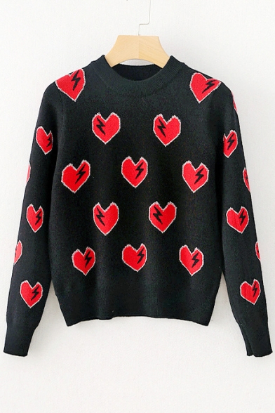 New Stylish Lighting Heart Shape Pattern Round Neck Long Sleeve Pullover Sweater