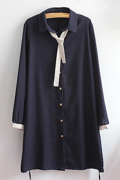 Simple Chic Lapel Collar Contrast Cuff Long Sleeve Buttons Down Shirt