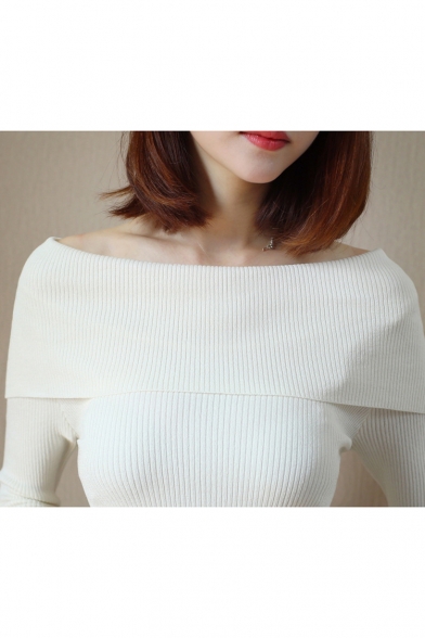 Simple Plain Boat Neck Long Sleeve Pullover Skinny Ribbed Sweater