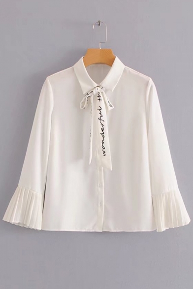 Chic Lapel Letter Embroidered Tie Front Flared Pleated Cuff Long Sleeve Buttons Down Shirt