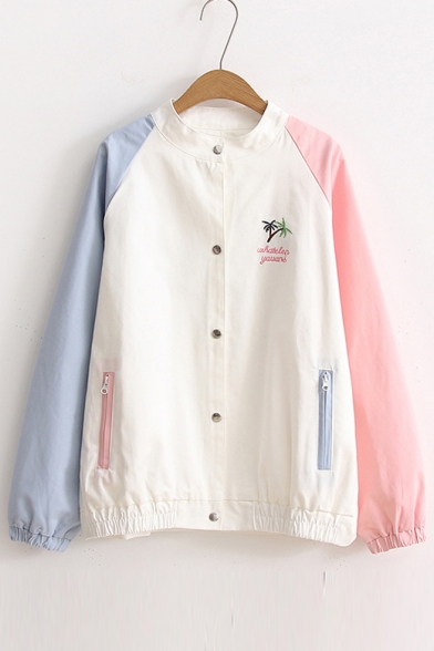 Color Block Crew Neck Tree Embroidered Single Brested Long Sleeve Coat