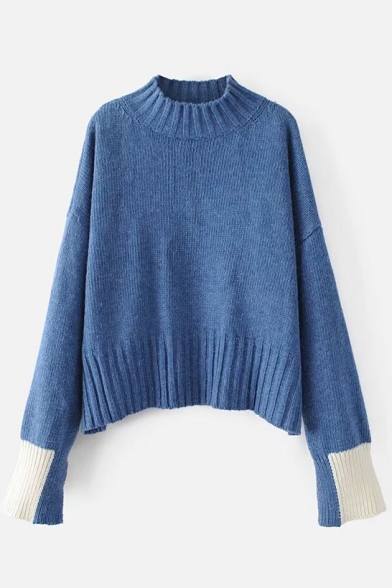 Color Block Cuff Mock Neck Long Sleeve Comfort Pullover Sweater