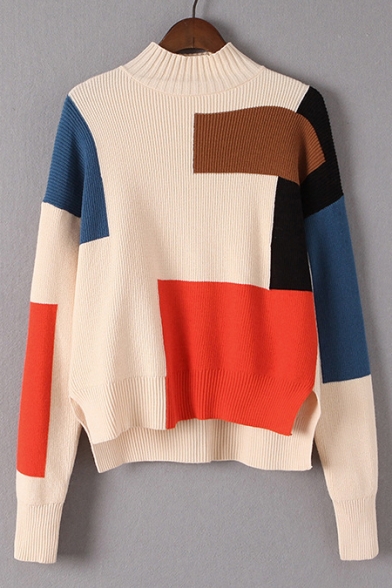 Fashion Asymmetrical Color Block Mock Neck Long Sleeve Comfort Sweater
