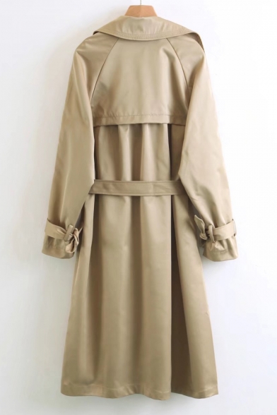 fashion Double Breasted Belted Waist Notched Collar Plain Tunic Coat
