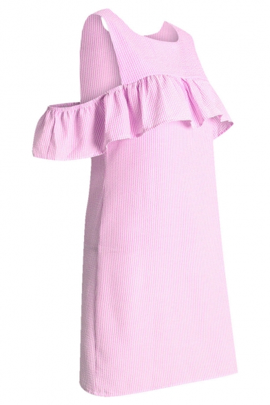 New Fashion Striped Pattern Round Neck Ruffle Hem Sleeveless Shift Mini Dress