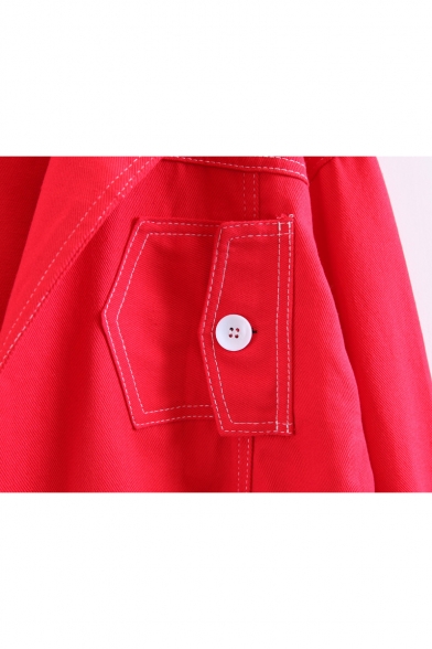 New Stylish Plain Notched Lapel Long Sleeve High Low Hem Denim Jacket