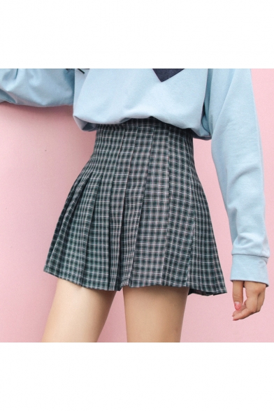 New Trendy Check Pattern High Waist Pleated Short Skirt