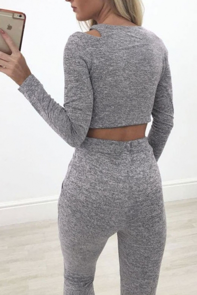 Plain V-Neck Hollow Out Shoulder Long Sleeve Tee with High Waist Skinny Pants