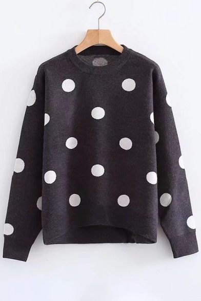Round Neck Long Sleeve Fashion Polka Dot Pattern Pullover Sweater