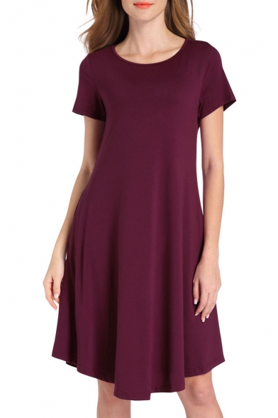 Simple Plain Round Neck Short Sleeve Asymmetric Hem T-shirt Mini Dress