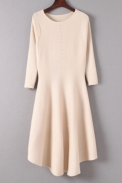 Basic Plain Long Sleeve Round Neck Midi A-Line Chic Knit Dress