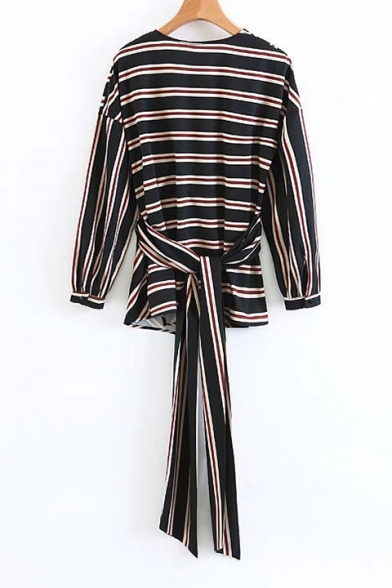 Classic Striped Pattern Fashion Wrap V Neck Long Sleeve Tied Back Blouse