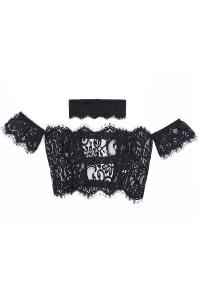 Floral Pattern Off-the-shoulder Sheer Mesh Cropped Top with Lace Choker