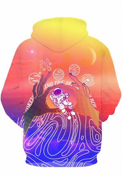 Leisure Color Block 3D Astronaut Print Long Sleeve Hoodie with Pockets