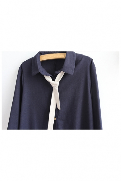 Simple Chic Lapel Collar Contrast Cuff Long Sleeve Buttons Down Shirt
