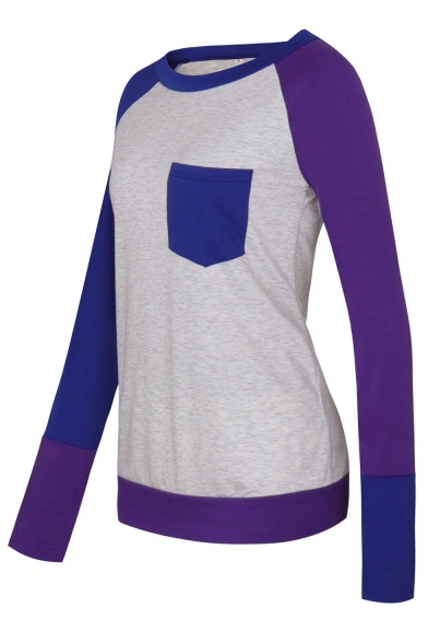 Simple Color Block Panel Round Neck Long Sleeve Top