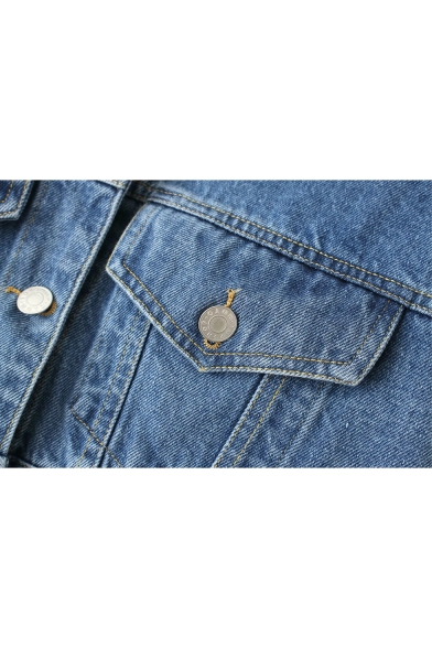 Simple Plain Lapel Single Breasted Long Sleeve Cropped Denim Jacket