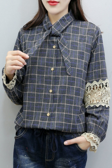Chic Bow Tie Collar Lace Panel Long Sleeve Button Down Plaid Shirt