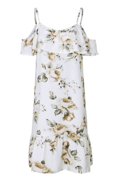 Chic Floral Pattern Cold Shoulder Ruffle Hem A-line Mini Dress
