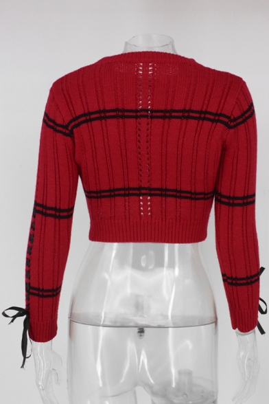 Color Block Striped Crew Neck Hollow Out Waist Long Sleeve Cropped Sweater