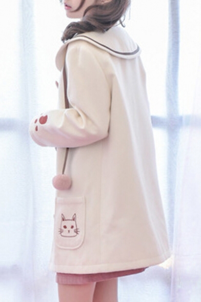 Fashion Cat Print Oversize Collar Long Sleeve Pocket Single Breasted Tunic Coat