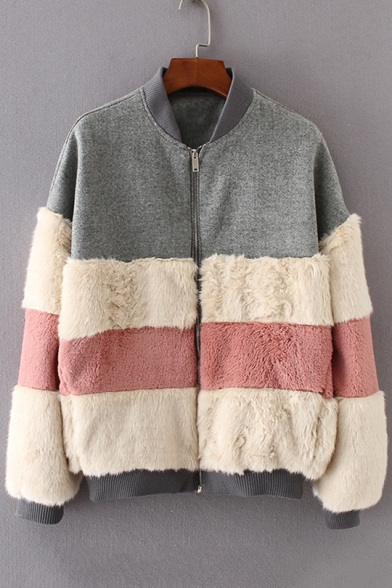 Fashion Color Block Print Stand-Up Collar Zipper Fluffy Coat