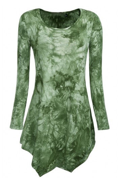 Floral Pattern Dip-Dye Asymmetric Hem Round Neck Long Sleeve Short Dress