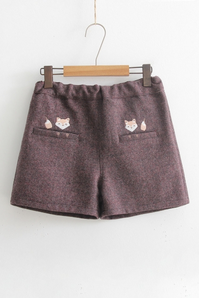 Lovely Cartoon Fox Embroidered High Rise Elastic Waist Loose Shorts