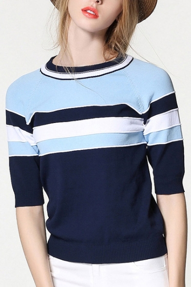 New Arrival Fashion Striped Pattern Round Neck Short Sleeve Sweater