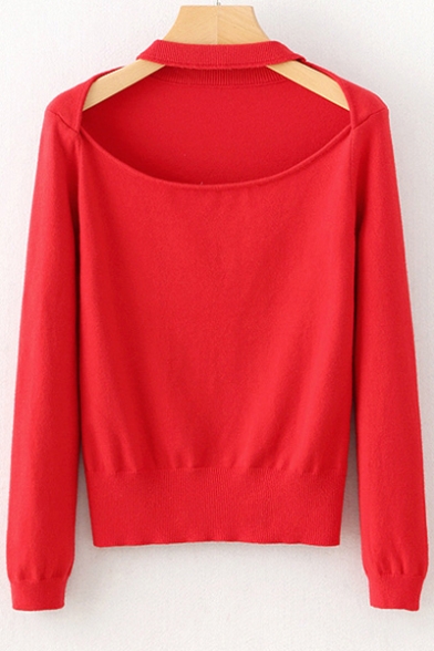 New Fashion Halter Neck Long Sleeve Hollow Out Simple Plain Sweater