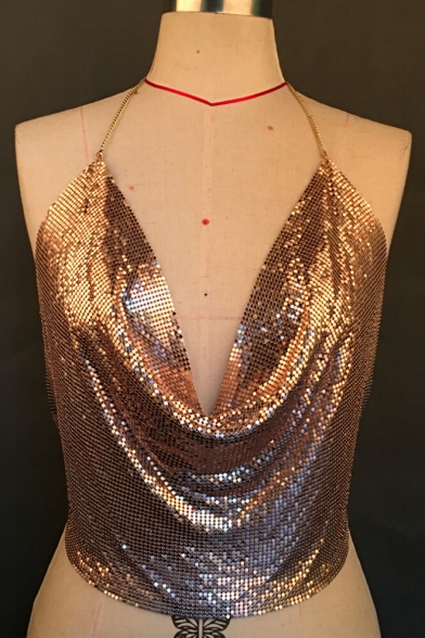 Sexy Deep V-Neck Metallic Sequined Sleeveless Cropped Top